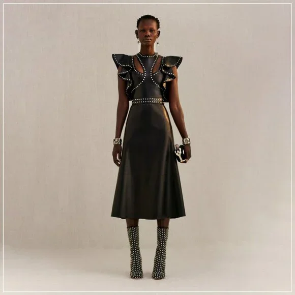 $8990 Alexander McQueen Studded Trim Lamb Leather Ruffle Runway Midi Dress - Picture 8 of 11